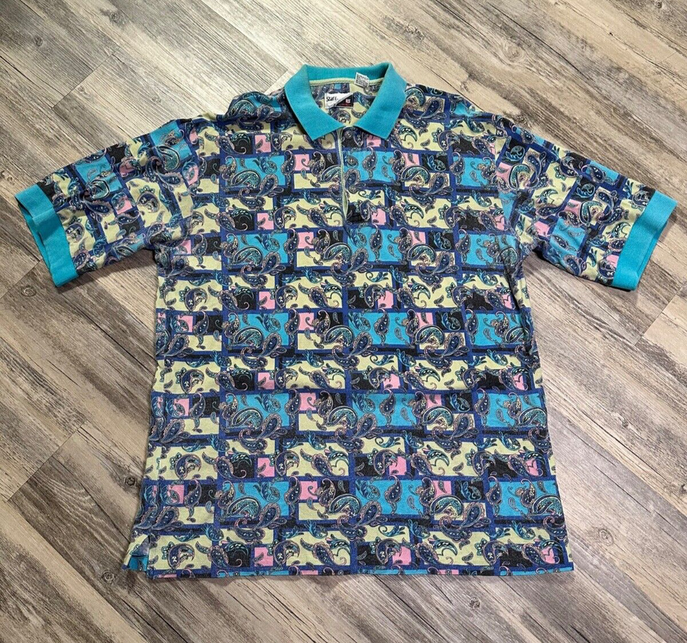 Vtg Staff By Wilson Polo Shirt Paisley Bright 90s Size Large Cotton Golf